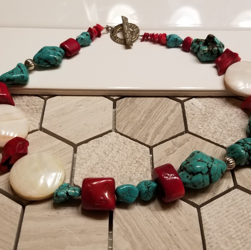 Turquoise, red bead and polished shell necklace